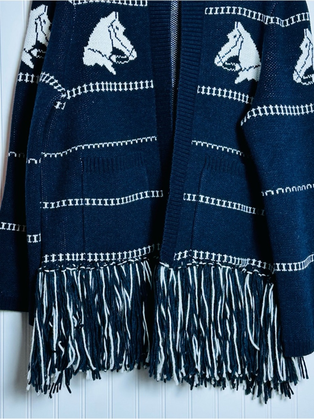 COMMENSE Horse-Pattern Wool Blend Fringe Cardigan XL - Picture 9 of 16